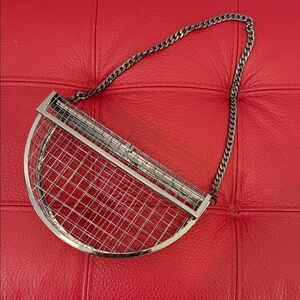 Silver-Tone Half-Moon Cage Chain Shoulder Bag